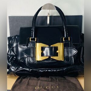 Gucci Black Patent Leather Bag with Gold Bow Buckle w Cert of Authenticity